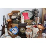 Quantity of childrens money boxes, clocks, wall barometer, copper jug, dominoes and cards