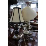 Metal table lamp with droplets plus a painted lamp with cream shade