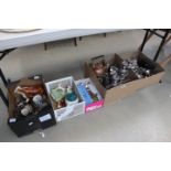 5 boxes containing loose cutlery, copper and brass spirit kettle, silver plated dishes, stainless