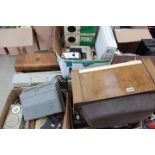 Pallet containing a qty of vintage radios, padding machines, and reel to reel tapes