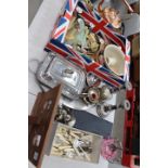 Music stand, loose cutlery, salt and pepper sets, silver plated bacon dish, serving tray, pair of