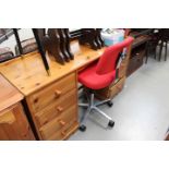 Pine twin pedestal desk plus swivel red fabric office chair