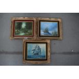 Three small wooden oils on canvases in gilt frames