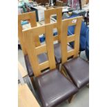 4 oak dining chairs with brown leather effect seats