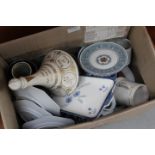 Box containing a qty of crockery to include blue and white lidded pots, floral decorated plates,