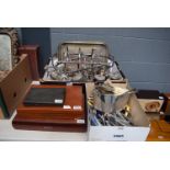 A quantity of silver plate including flatware, tray, stand etc. (2 x boxes/3 x cases)