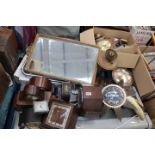 Pallet containing vintage clocks, brass oil lamp, mirrors, silver plate and a keyboard