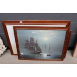 2 prints of the ships in harbour and dock land plus a modern oil on canvas, chinese junks at sea
