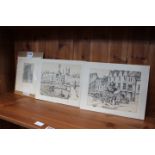 (rr6/566) An etching of a harbour, indistinctly signed, 12 x 8.5 cm, together with two prints
