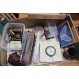 Box containing a quantity of brassware, ornamental metal tortoise, vintage radio, clock and a pocket