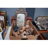 A small mirror in a carved wood frame, claw and ball feet, Oriental stands etc. (1 x box) (af)