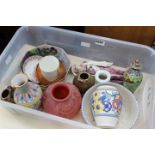 Box containing Poole pottery vase and bowl plus pressed glass, oriental flask, china and a figure of