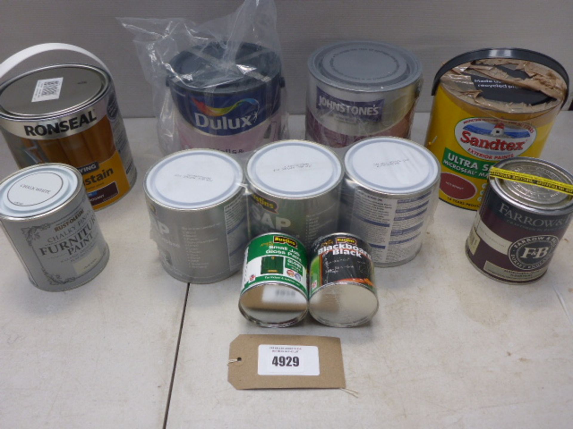 Quantity of assorted paint incl. Dulux, Ronseal, Rustins and Farrows
