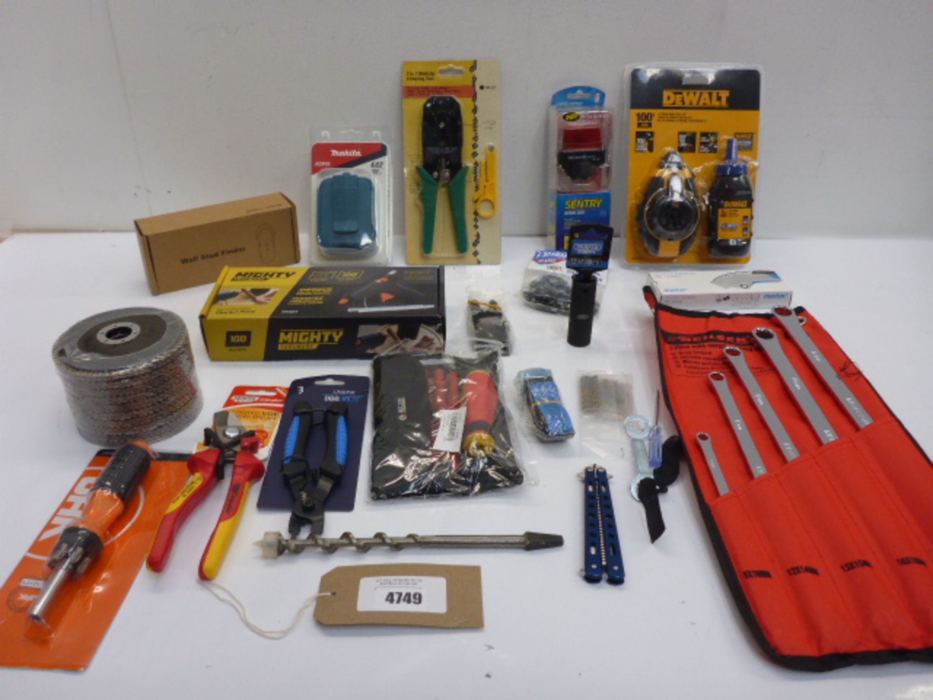 Stud finder, glue gun, DeWalt chalk line, Neilsen off set ring spanner set, knives, Century Aero 260