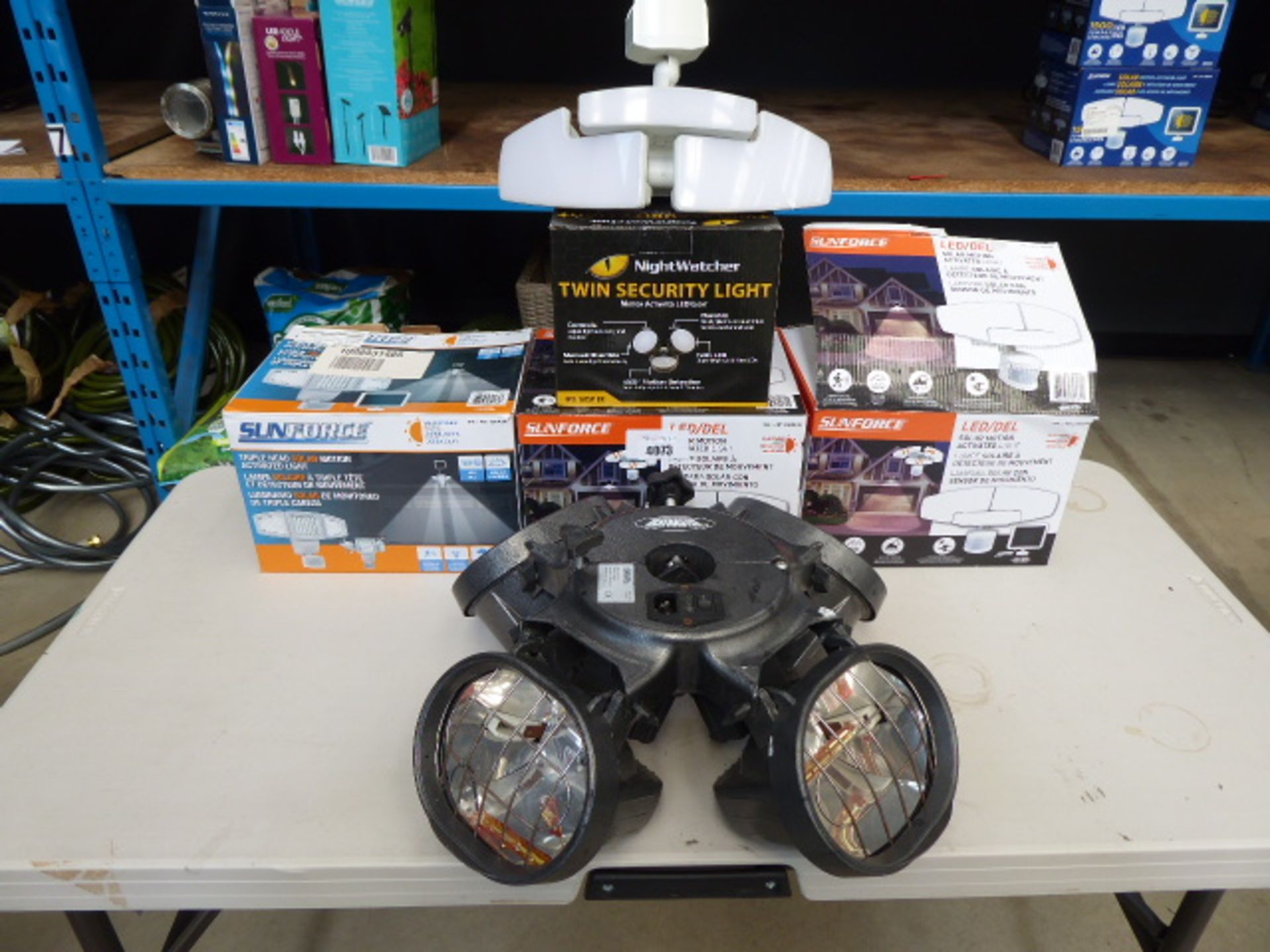 3 Sunforce solar security lights (one unboxed), Nightwatcher twin security light and Heatmaster 4