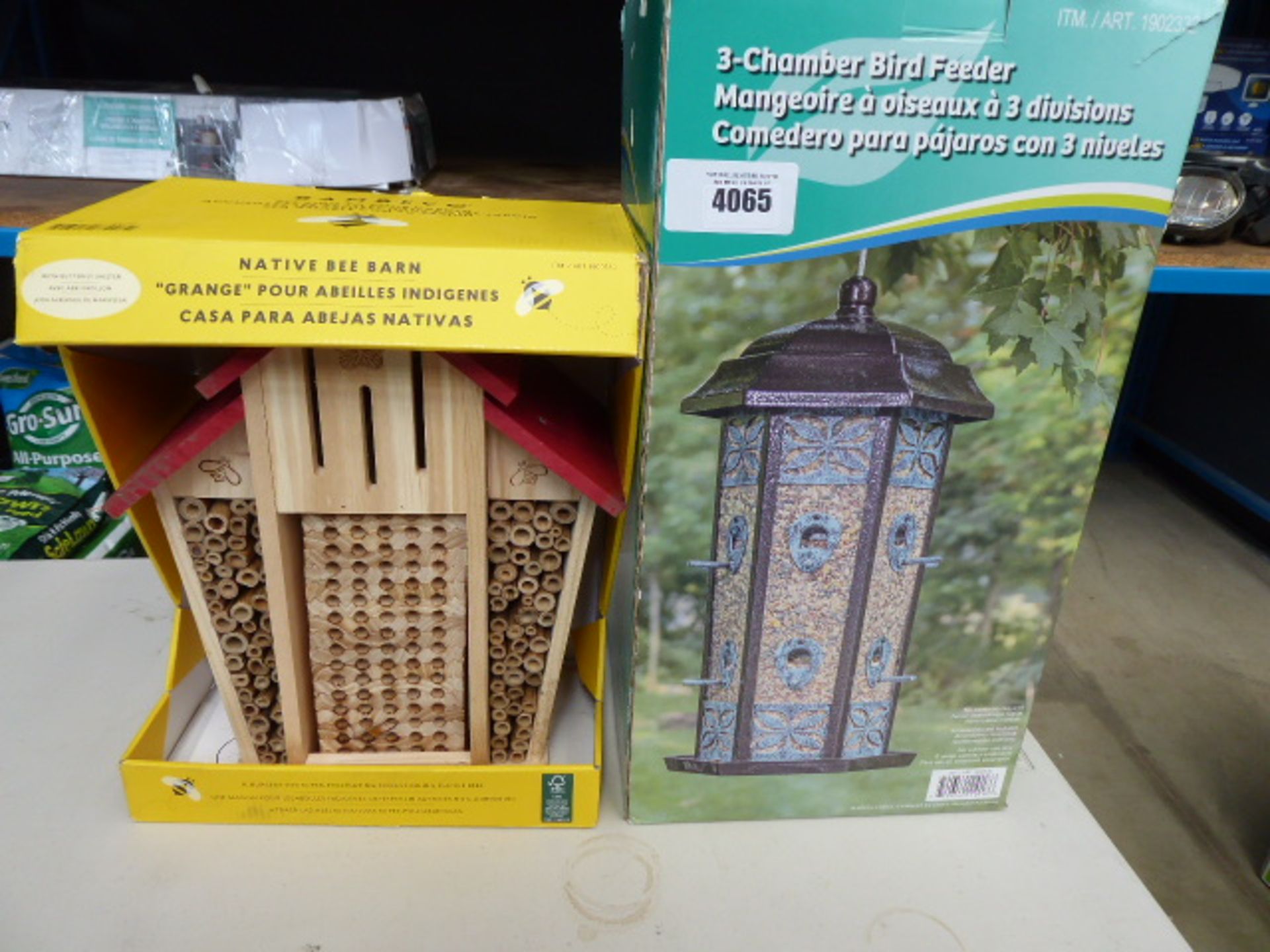 3 chamber bird feeder and a Bambeco bee barn