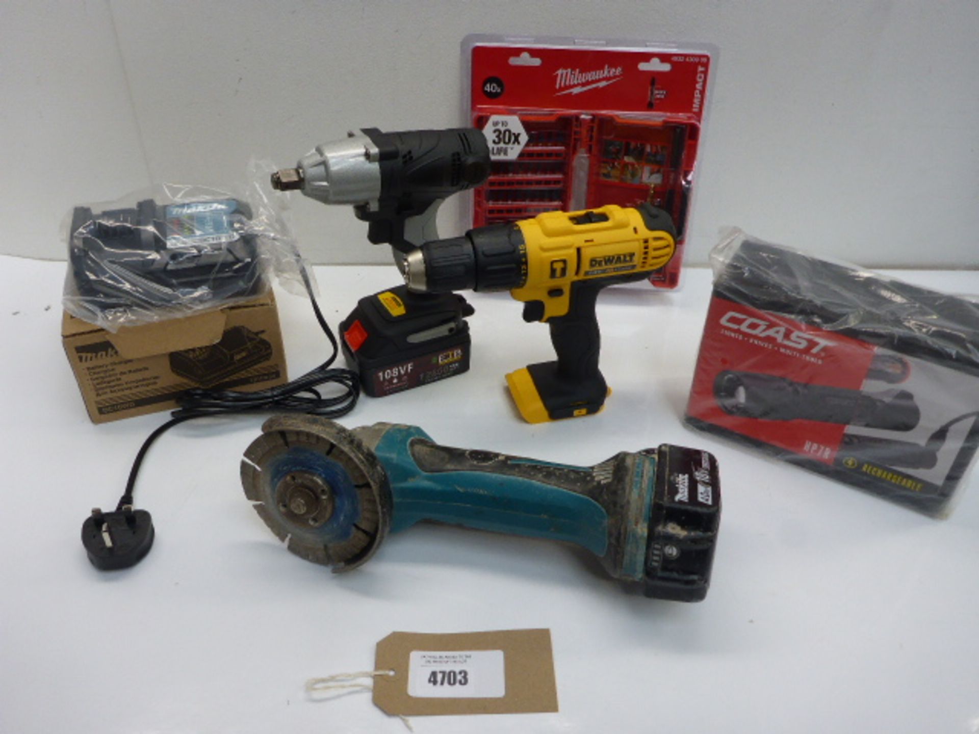 DeWalt 18v battery drill body, Makita 18v battery powered angle grinder & 1 battery, Coast