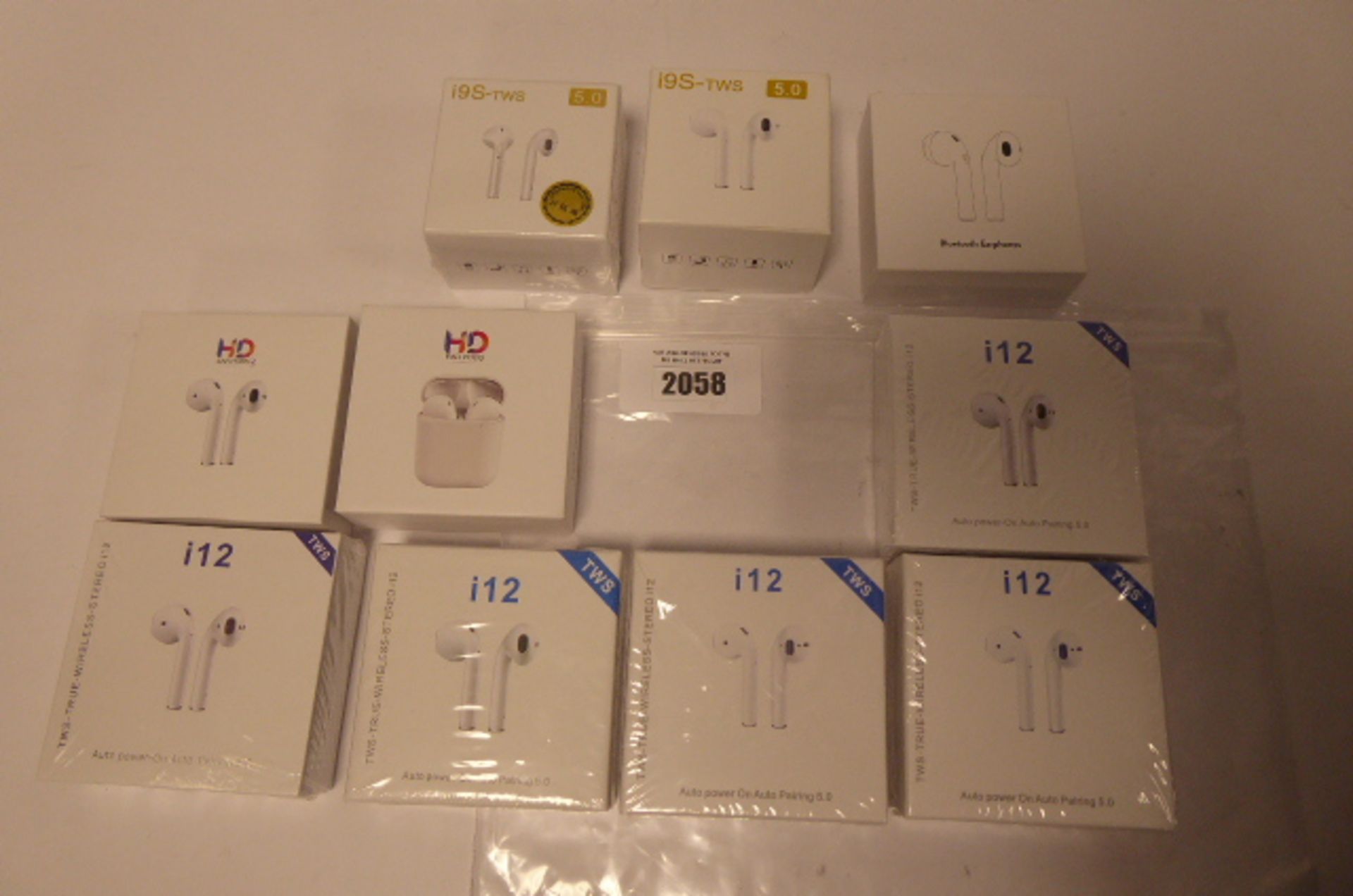 Bag of Ten various Bluetooth in-ear earphones, i7s etc.