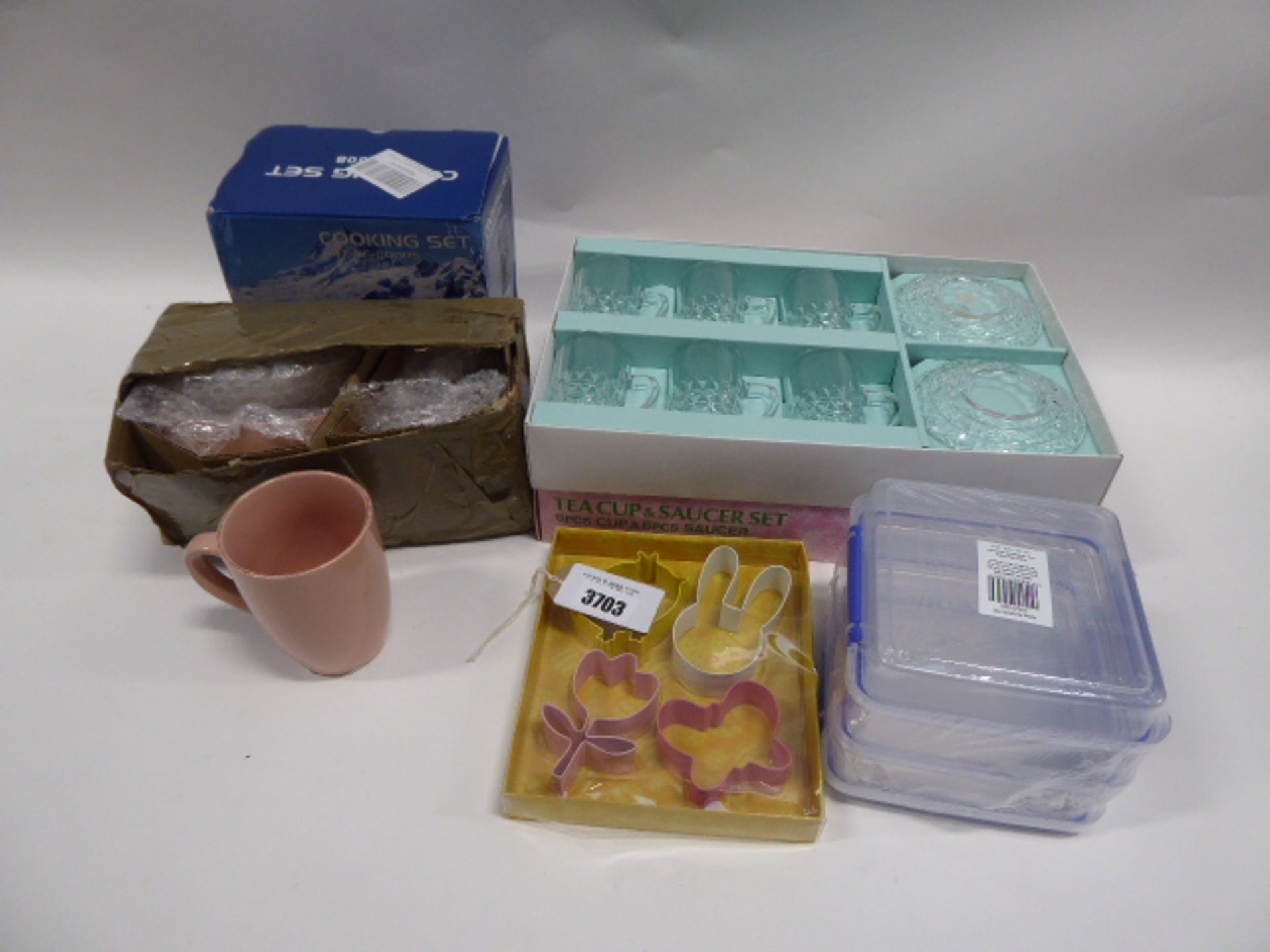 Glass tea cup & saucer set, out-of-doors cooking set, Sistema food storage, cup and bowel set