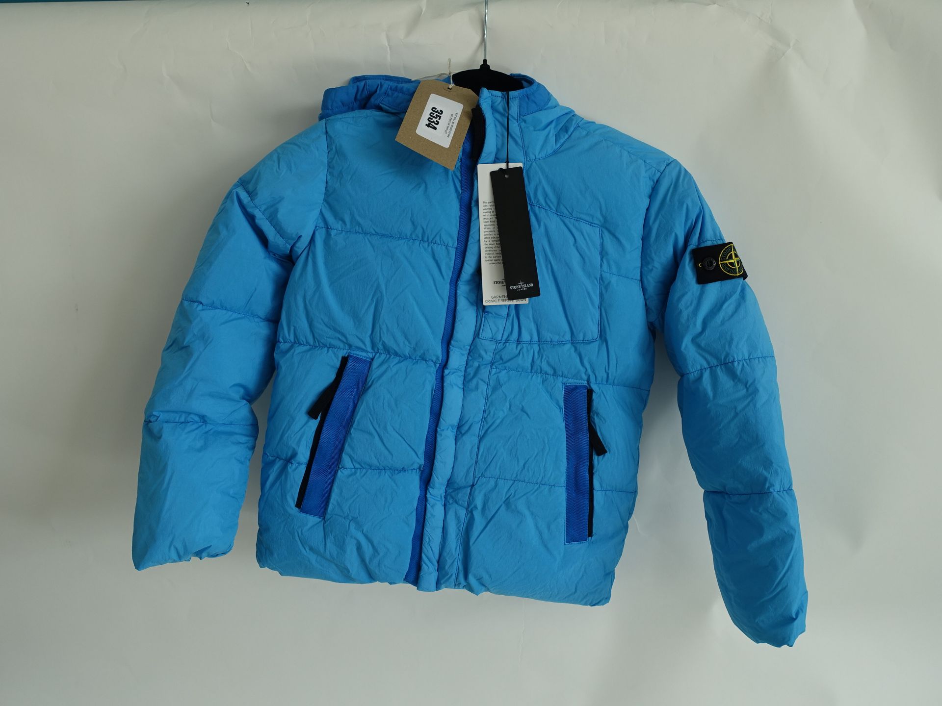 Stone Island Junior blue crinkle nylon puffer down jacket size age 10