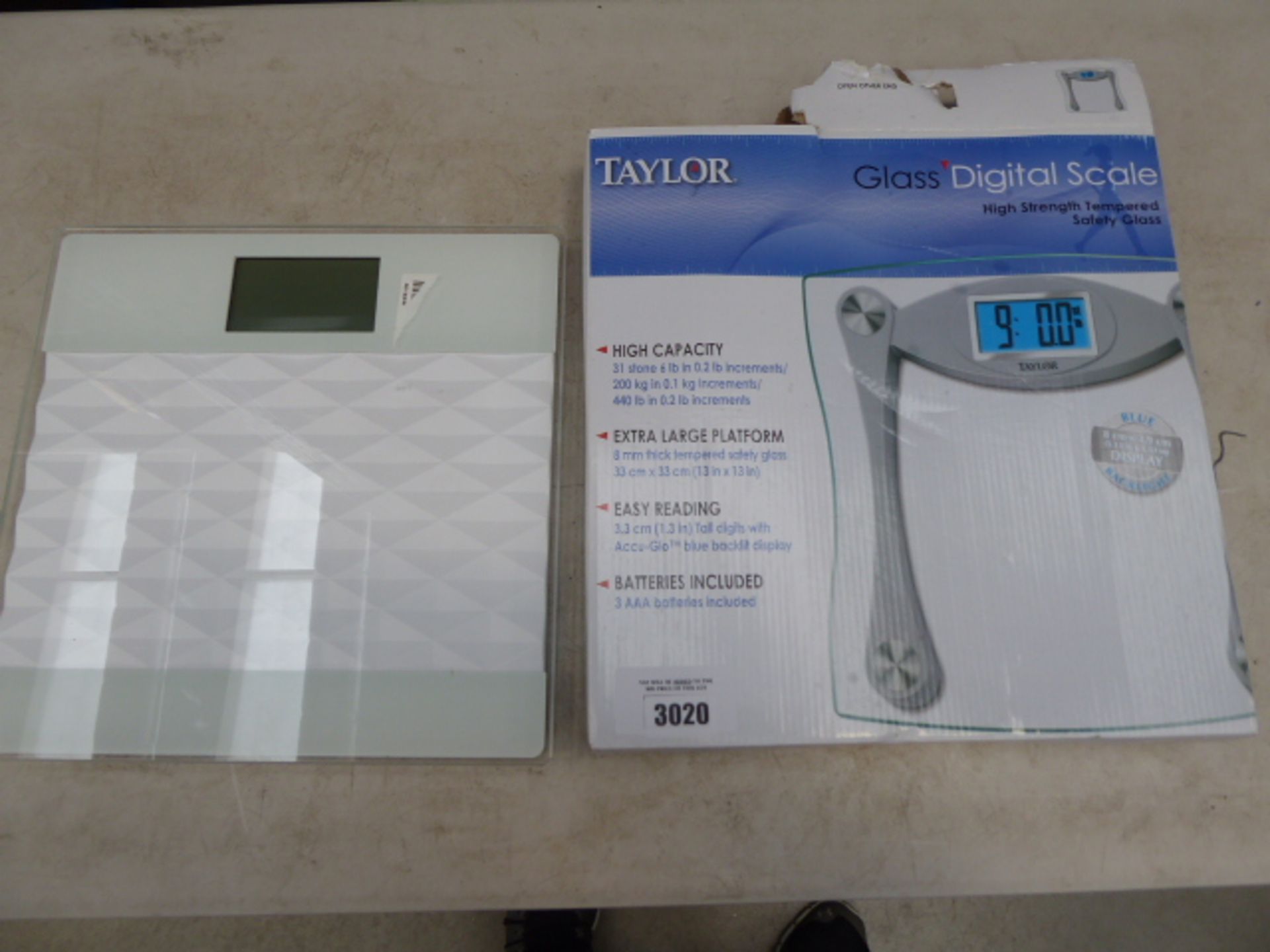 Boxed Taylor glass digital scales plus another unboxed