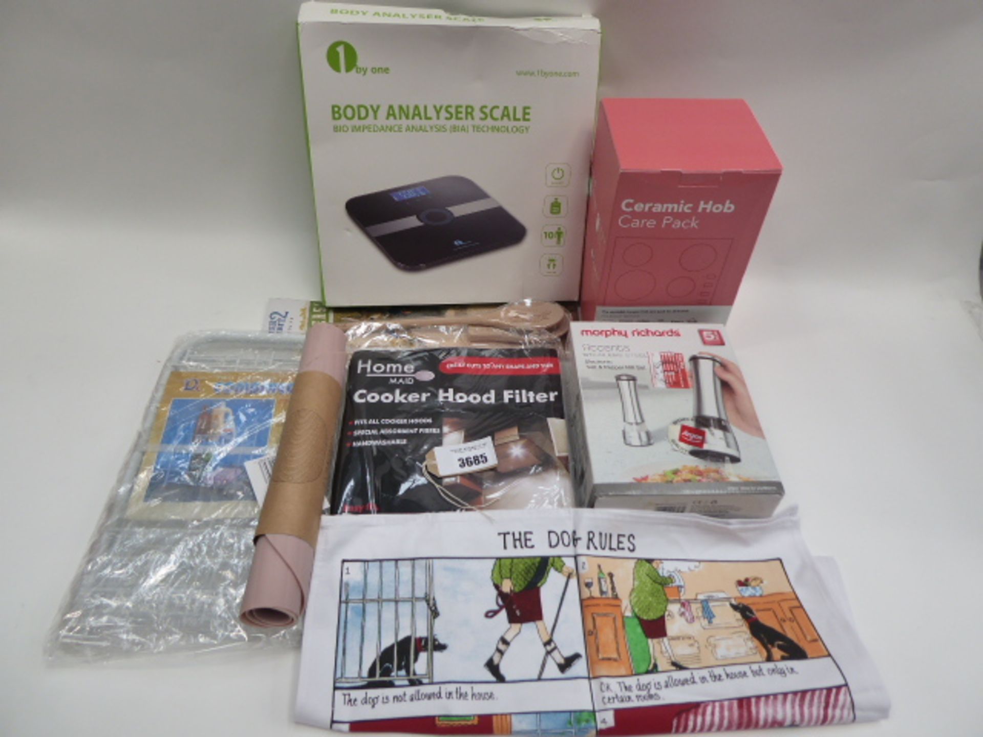 1byOne body analyser scale, ceramic hob care pack, cooker hood filter, salt and pepper mill sets,