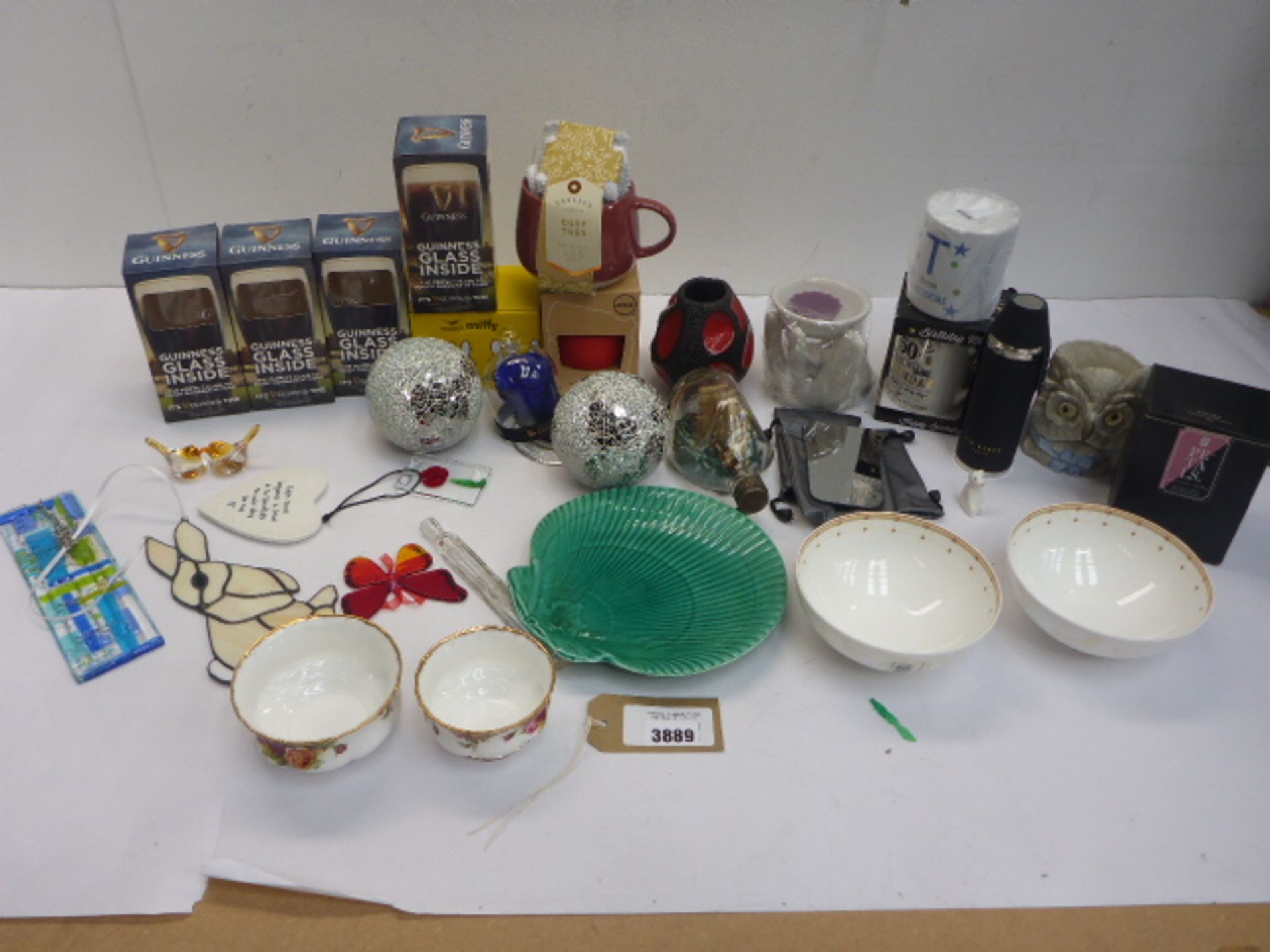 Box containing Wedgwood plate, Royal Albert dishes, Guinness glasses, novelty mugs, window sun