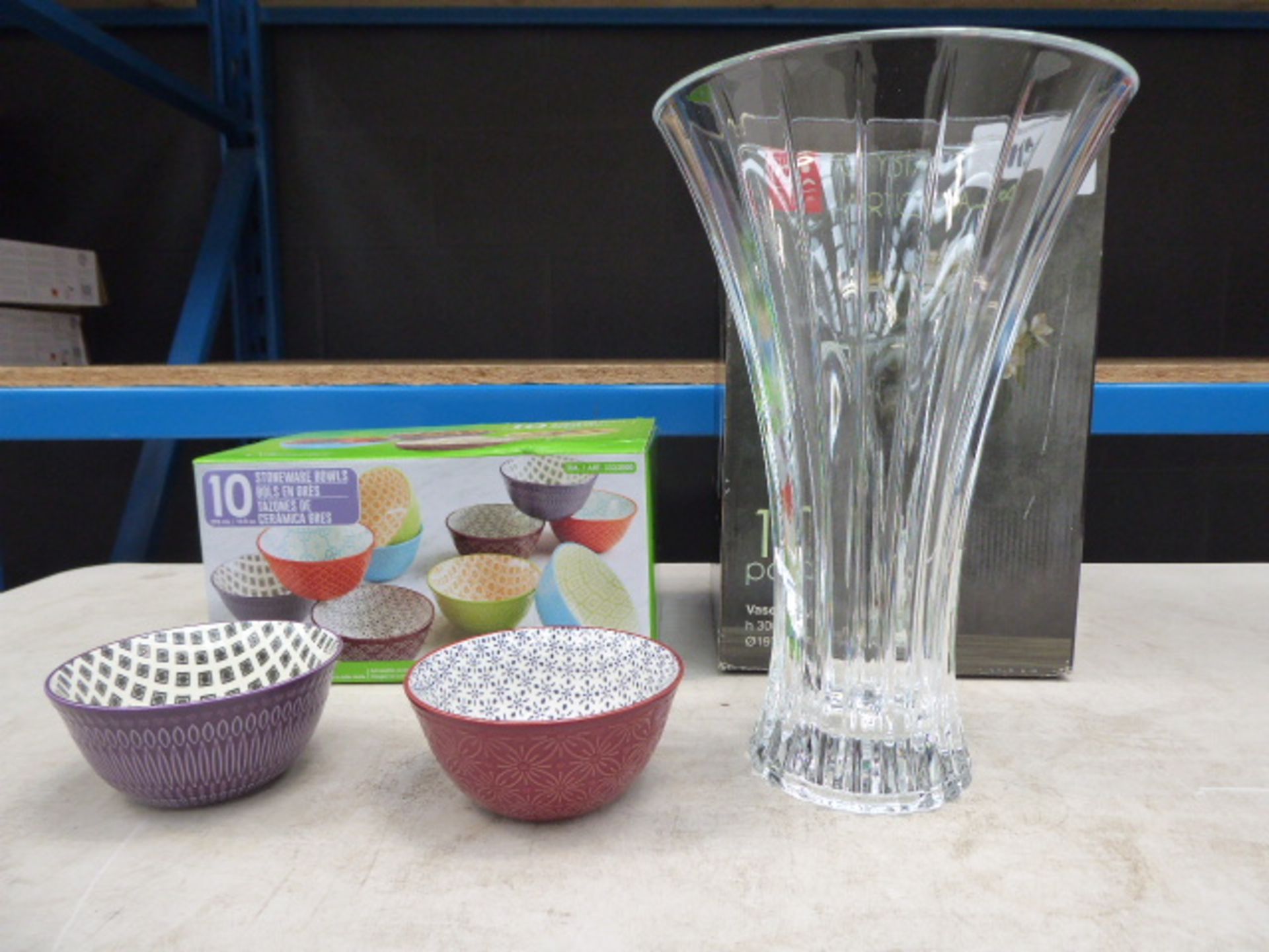 Boxed Crystal Vertigo vase plus a box of stoneware bowls