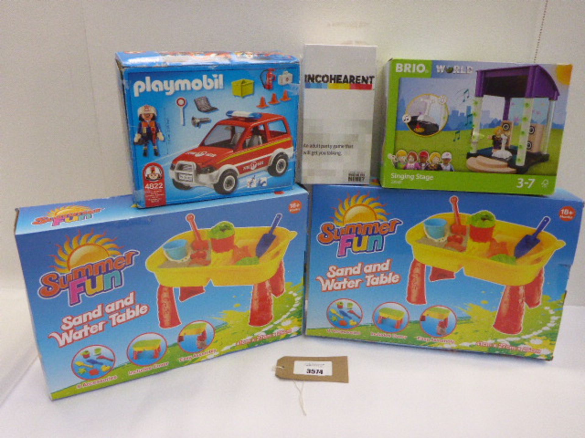 2 x Summer Fun sand and water tables, PlayMobil & Brio World model kits and Incoherent game