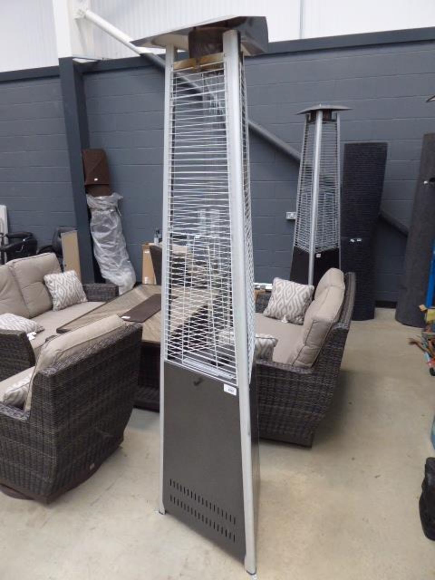 Grey prism shaped patio heater