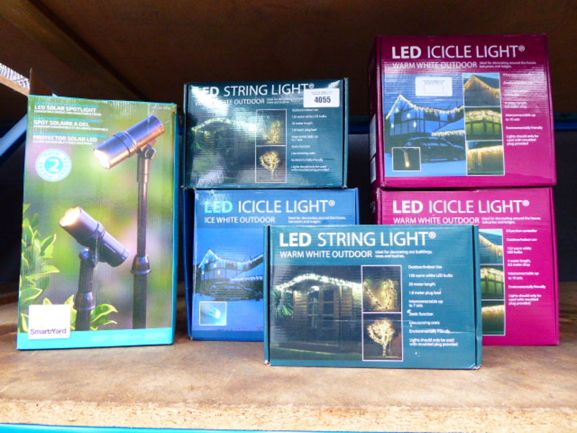 5 boxed LED string lights and an LED boxed spotlight