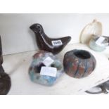 A stylised pottery figure of a bird and two pottery bowls by Tich Herald