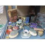 A cage containing a silver mounted dressing table set, cloisonne pots, miniature tea services,