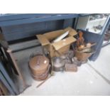 A fire screen, a copper pot, copper kettle, shoe lasts, treen, china etc.