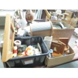 Four boxes of wooden book ends, glass bowls, ceiling light shade, bread bin, ornamental flowers,