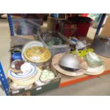 Three boxes of household crockery, Meccano, an alabaster ceiling light shade, ornamental figures,