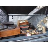 A cage of wooden boxes, novelty crocodile pipe, mantel clock, fountain pen, cased cutlery sets etc.