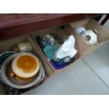 Three boxes of brassware including lamp, companion set, Oriental crockery, oil lamp, mantel clock,