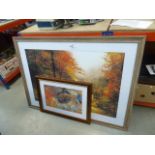 5351 A multi coloured abstract and a modern wall hanging autumn woodland with country lane