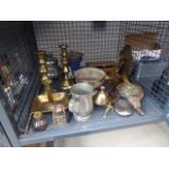 A cage of brass candlesticks, Jasperware biscuit barrel, inkwells, pair of bellows,