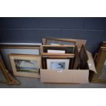 A box of various framed and glazed prints, photographs, watercolours etc.