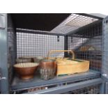 A cage of copper and glass jelly moulds, loose cutlery etc,