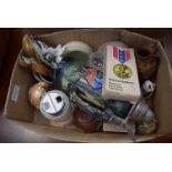 Two boxes of glassware and china including Doulton match holders, lidded tankard,