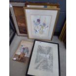 A quantity of prints and paintings including still life with flowers, The Long Room at Lords,