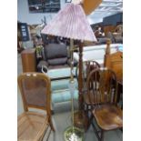 Brass effect floor lamp with pleated shade plus turned oak lamp