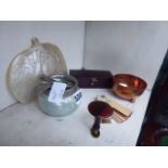 A Moorcroft lustreware ashtray, a brass seal, a pocket address book, a carved nativity scene,