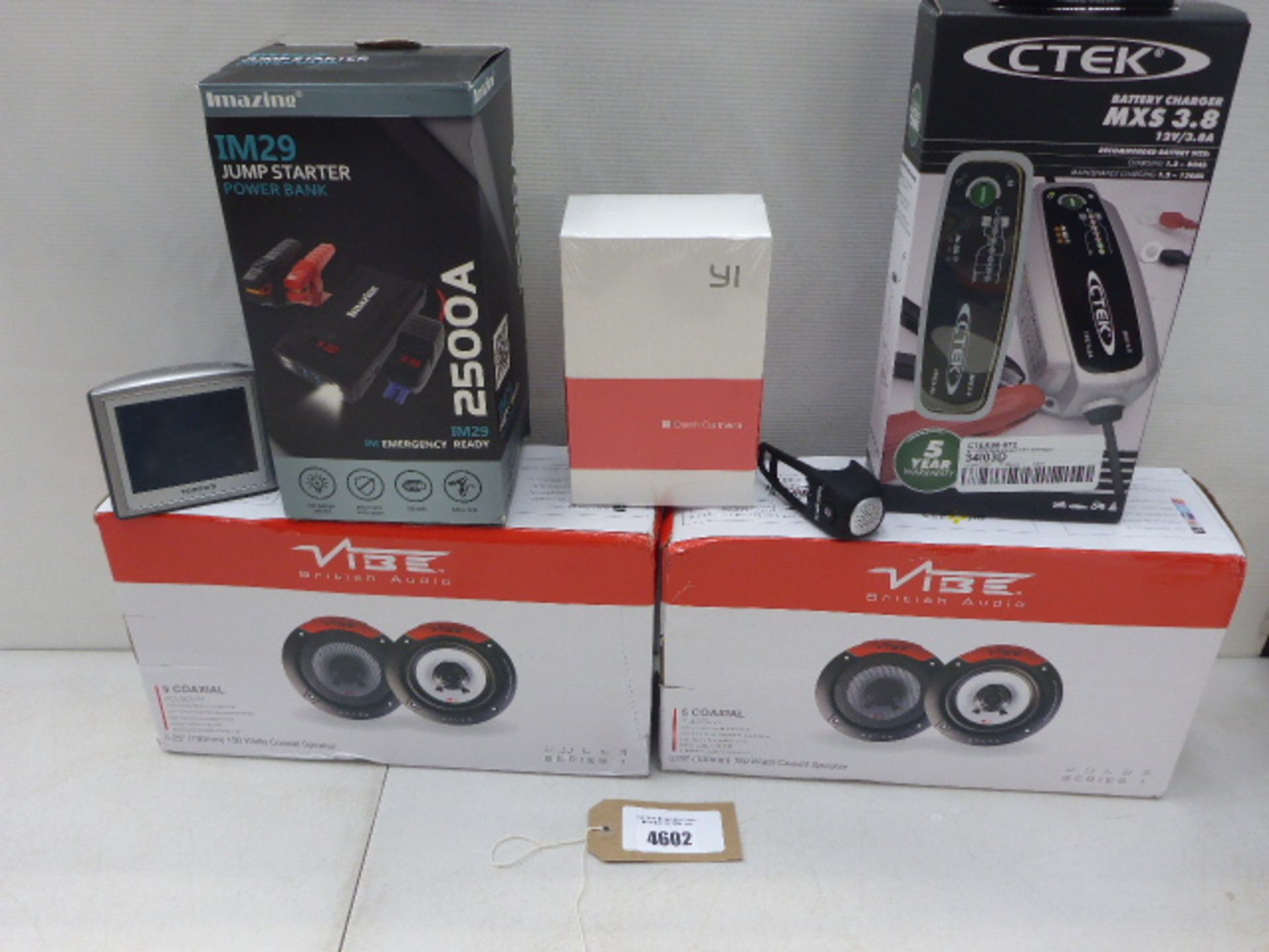 2 boxed 5 co-axial car speakers, IM29 jumpstart power bank, C-Tech battery charger, dashcam,