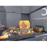 Cage containing toy farmyard animals plus dominoes and vintage tin