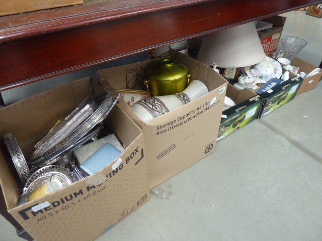 5 boxes containing silver plate to including galleried trays, studio pottery,