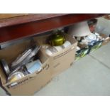 5 boxes containing silver plate to including galleried trays, studio pottery,